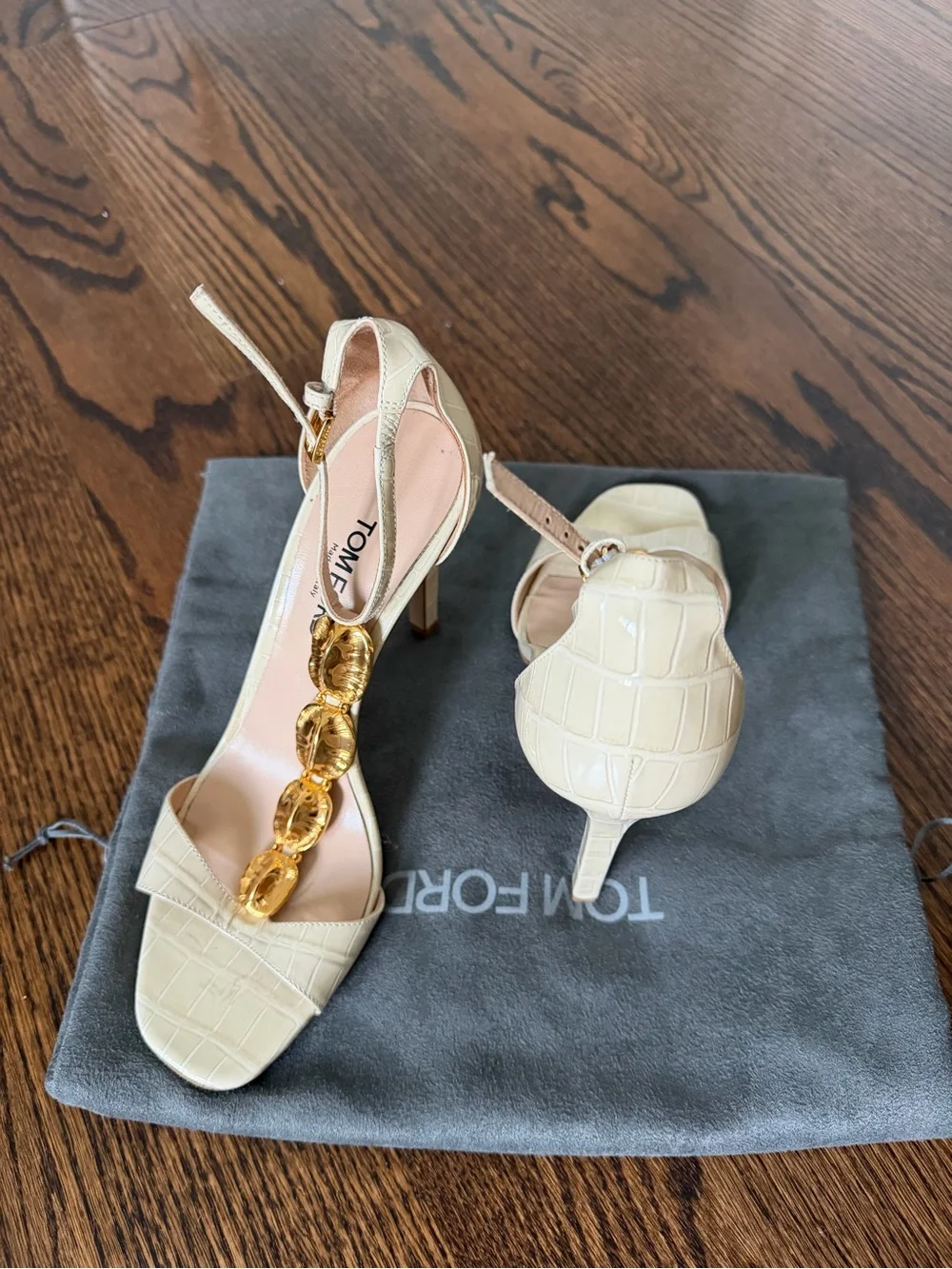 Tom Ford Ivory Croc-Embossed T-Strap Sandals with Gold Chain Links
